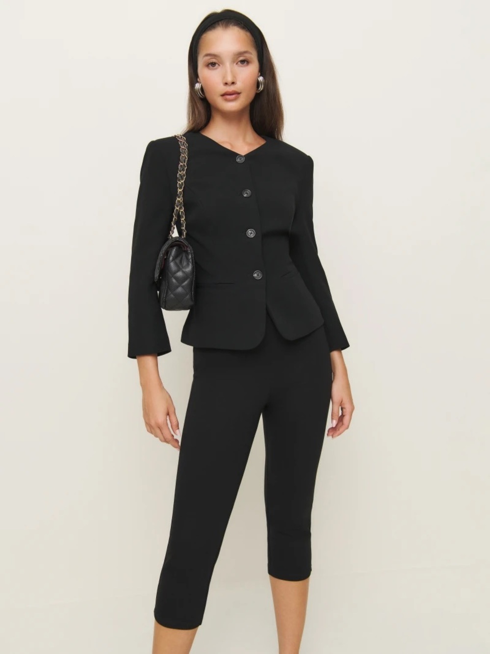 Reformation Luc Jacket Blazer Buttoned Up Collarless V-Neck Tailored Fit Black